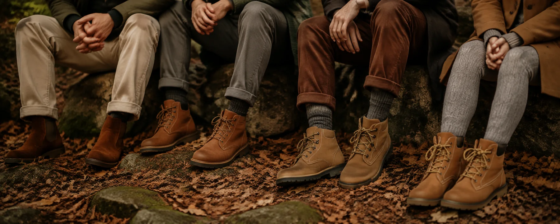 A group wearing varied footwear in an autumn woodland
