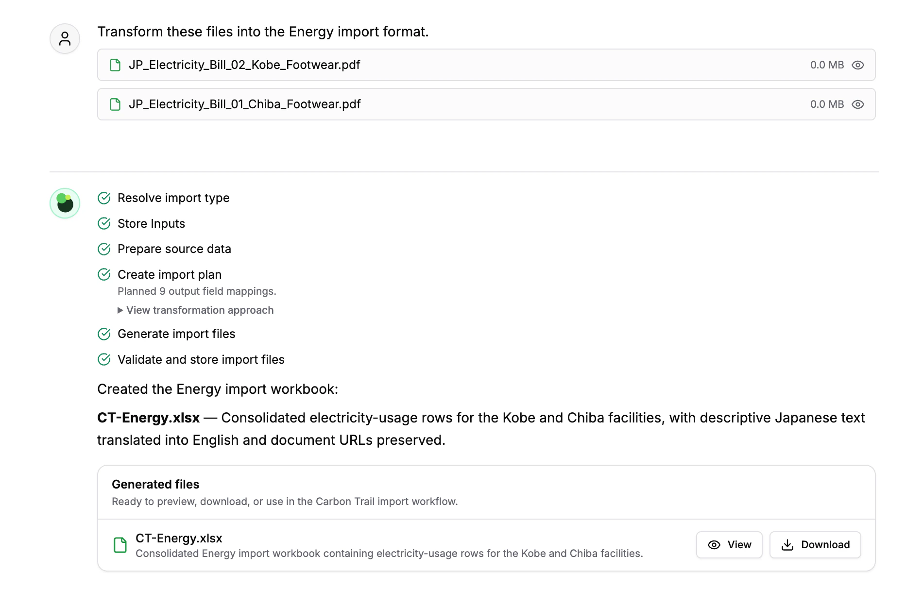 Carbon Trail Import Agent transforming supplier electricity bills into a structured energy workbook